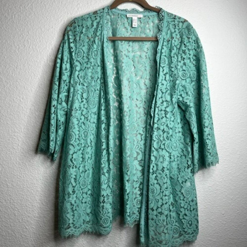 Isaac Mizrahi Live! Open Front 3/4 Sleeve Jasmine Green Tea Lace Kimono Sz L